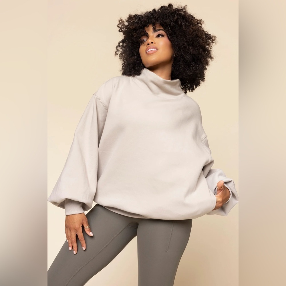 POPFLEX Ooey Gooey Mockneck Sweatshirt Pockets Silver Birch S/M-Still Full Price